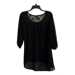 rue21 Womens Black Lace Yoke Chiffon High Low Blouse 3/4 Sleeve Top Large